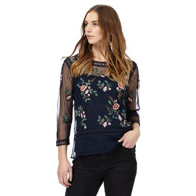Navy floral embroidered top